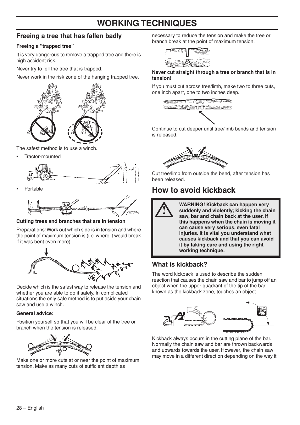 Freeing a tree that has fallen badly, How to avoid kickback, What is kickback | Working techniques | Husqvarna 445e TrioBrake User Manual | Page 28 / 44