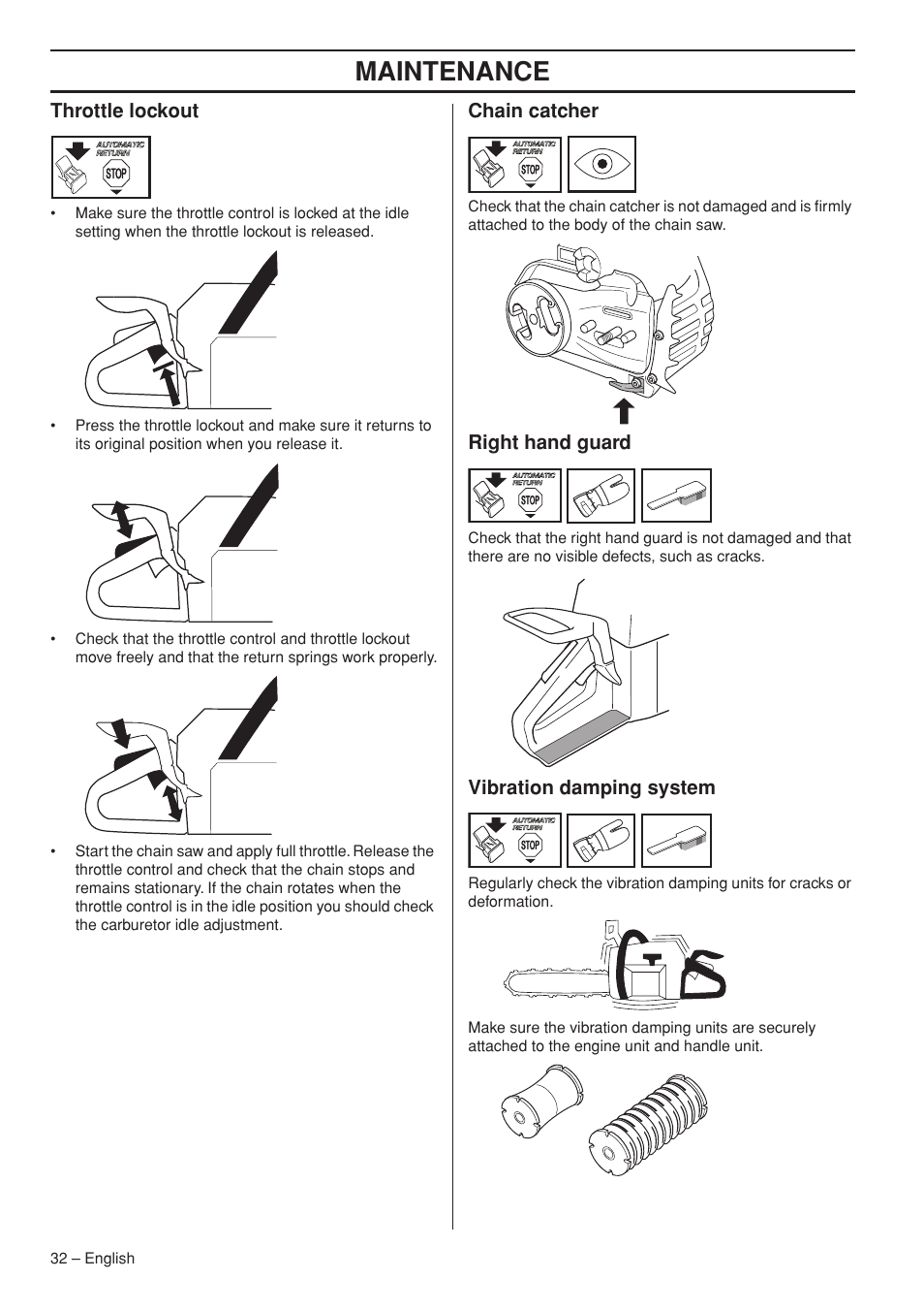 Throttle lockout, Chain catcher, Right hand guard | Vibration damping system, Maintenance | Husqvarna 445e TrioBrake User Manual | Page 32 / 44