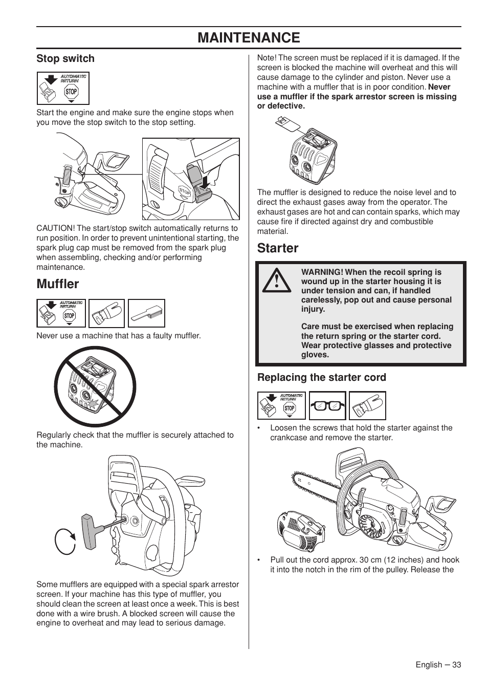 Stop switch, Muffler, Starter | Replacing the starter cord, Maintenance | Husqvarna 445e TrioBrake User Manual | Page 33 / 44