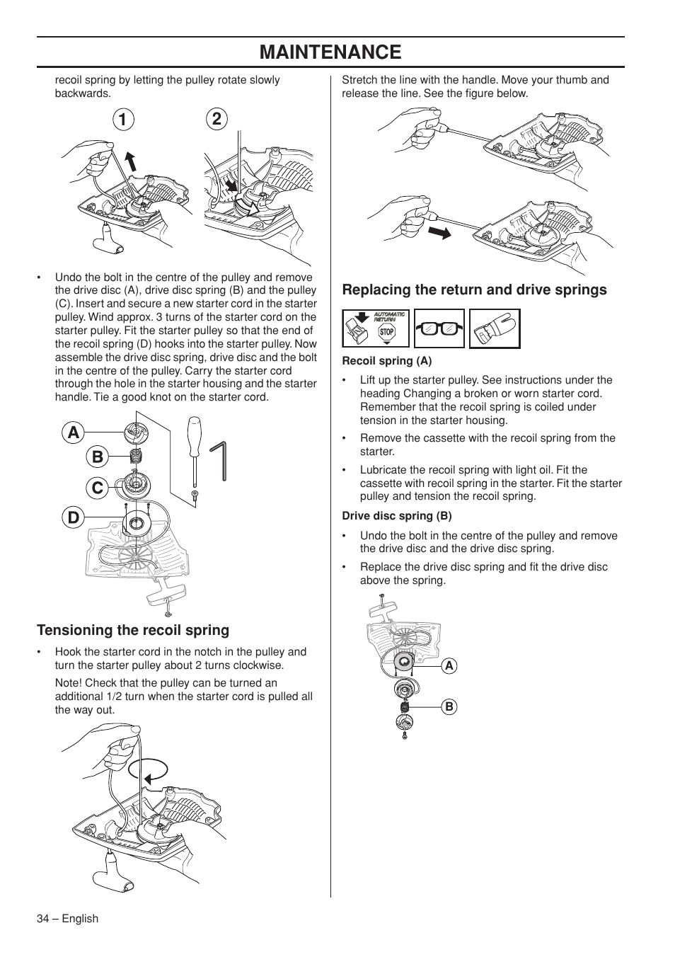 Tensioning the recoil spring, Replacing the return and drive springs, Maintenance | Husqvarna 445e TrioBrake User Manual | Page 34 / 44