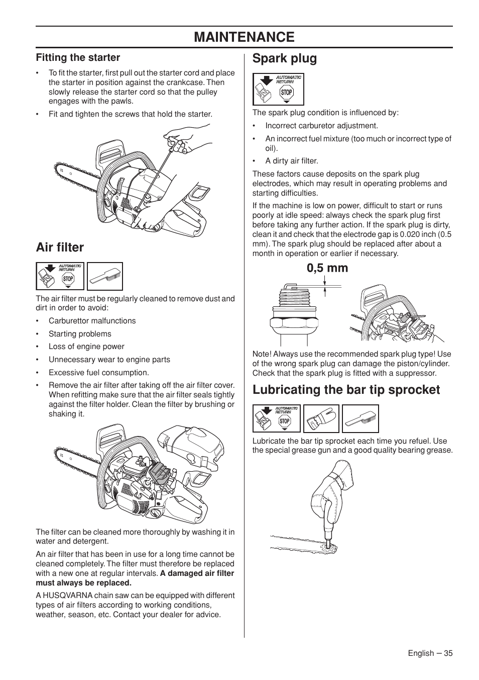 Fitting the starter, Air filter, Spark plug | Lubricating the bar tip sprocket, Maintenance | Husqvarna 445e TrioBrake User Manual | Page 35 / 44