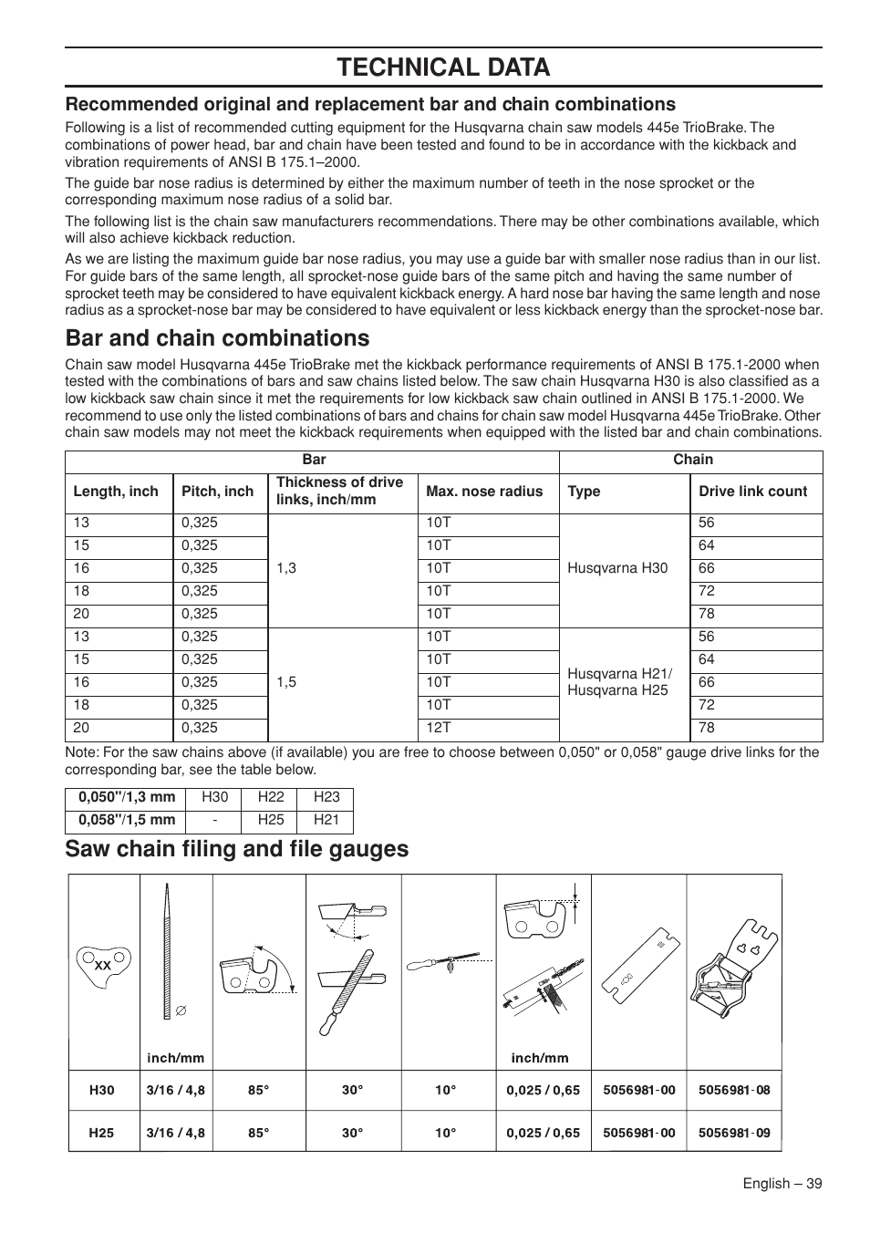 Bar and chain combinations, Saw chain filing and file gauges, Technical data | Husqvarna 445e TrioBrake User Manual | Page 39 / 44