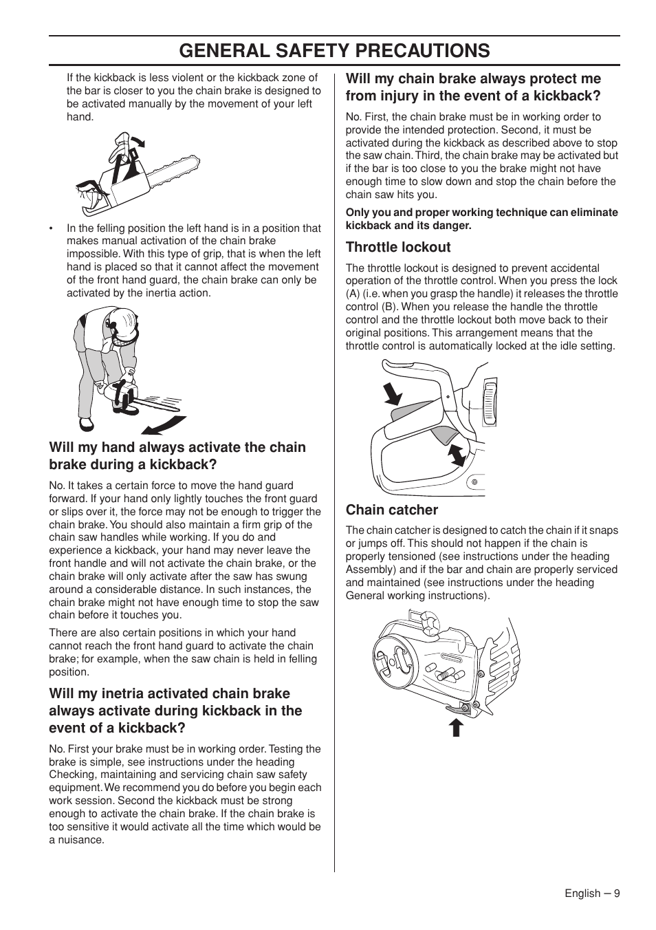 Throttle lockout, Chain catcher, General safety precautions | Husqvarna 445e TrioBrake User Manual | Page 9 / 44