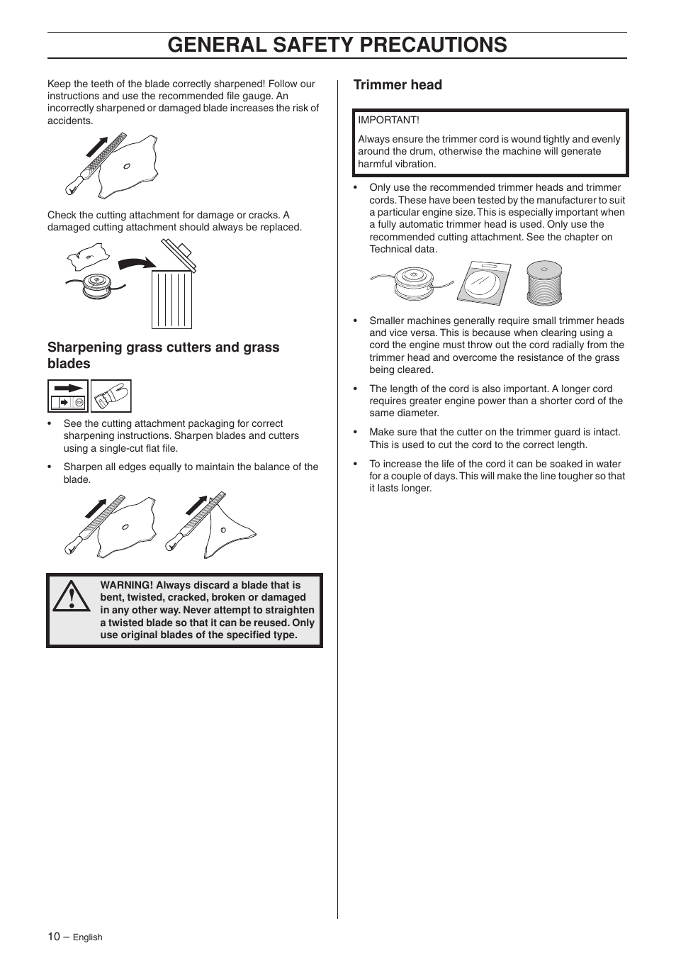 Sharpening grass cutters and grass blades, Trimmer head, General safety precautions | Husqvarna 223R User Manual | Page 10 / 32