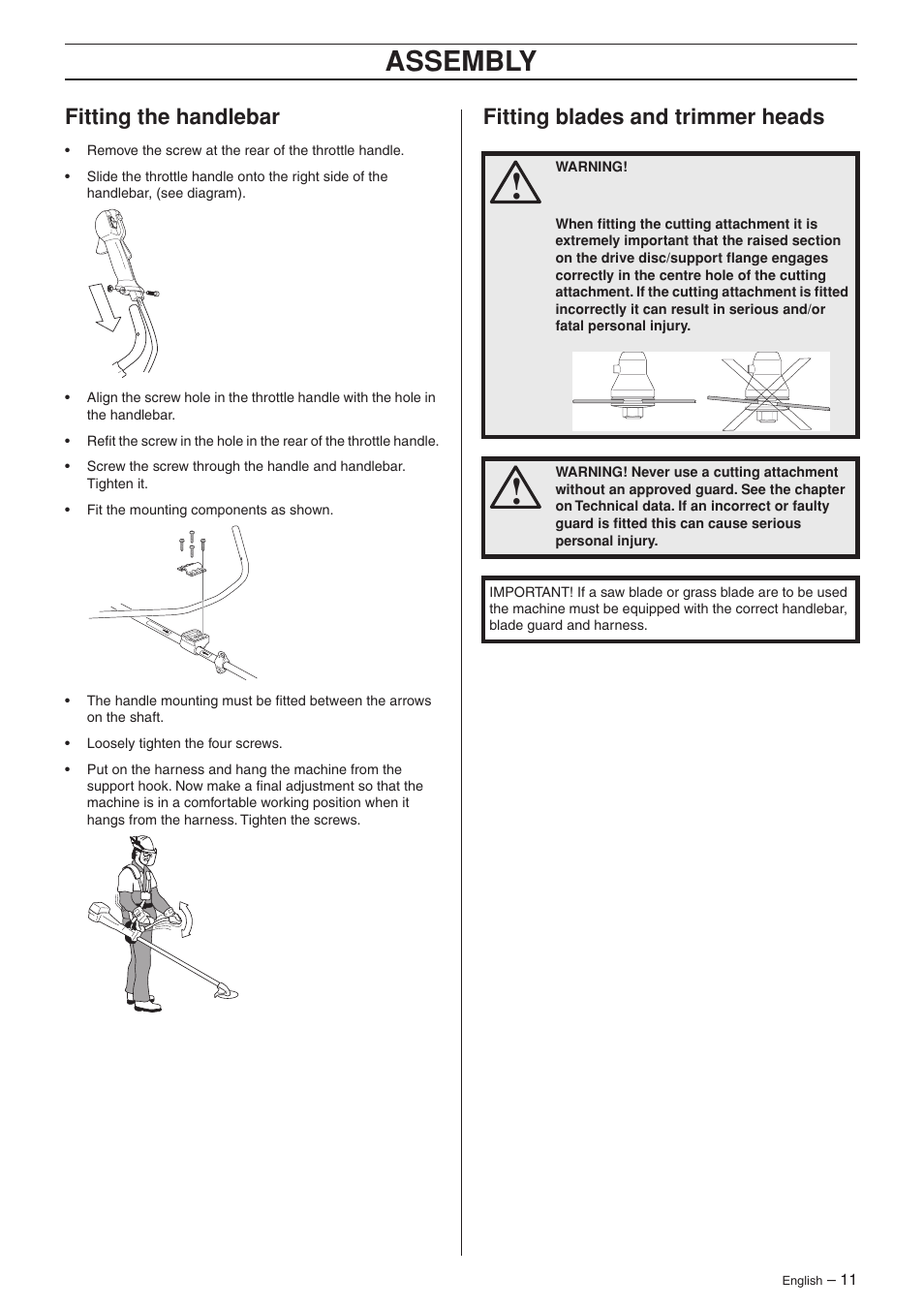 Fitting the handlebar, Fitting blades and trimmer heads, Assembly | Husqvarna 223R User Manual | Page 11 / 32