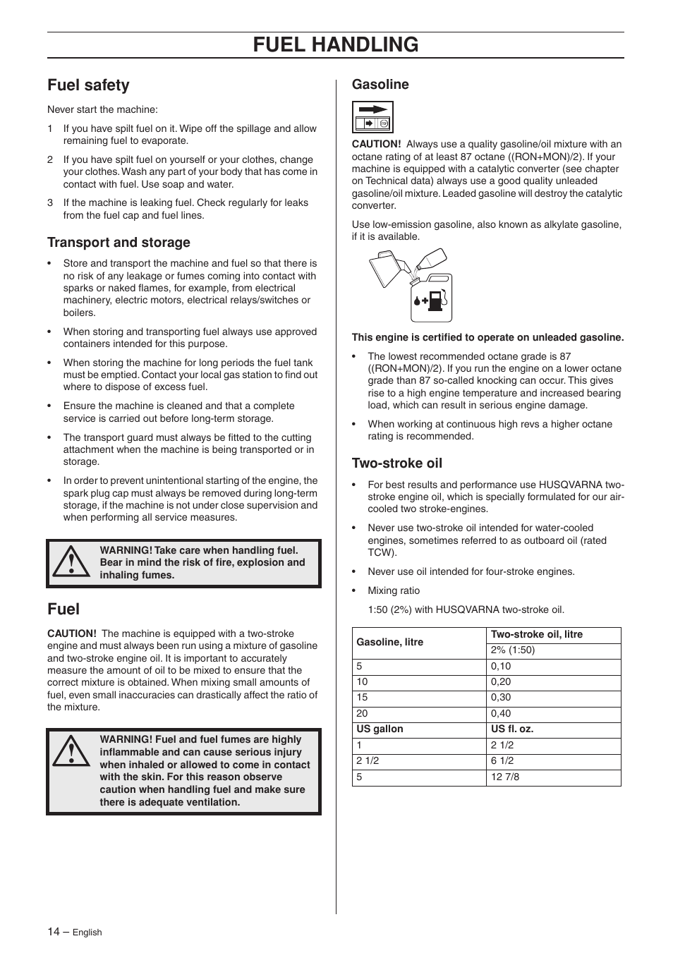 Fuel safety, Transport and storage, Fuel | Gasoline, Two-stroke oil, Fuel handling | Husqvarna 223R User Manual | Page 14 / 32