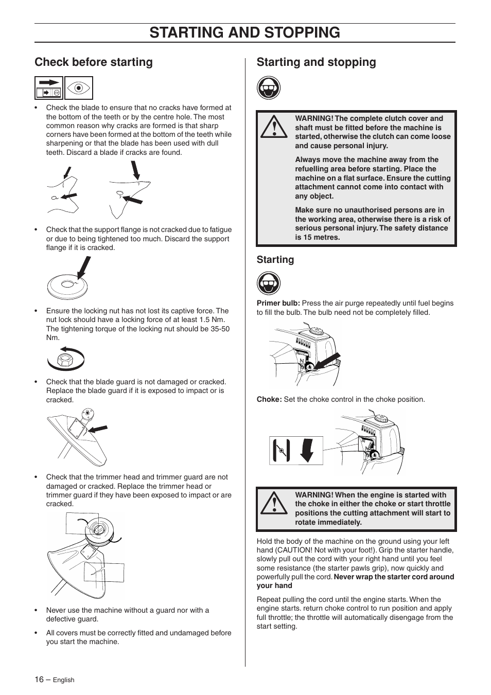 Check before starting, Starting and stopping, Starting | Husqvarna 223R User Manual | Page 16 / 32