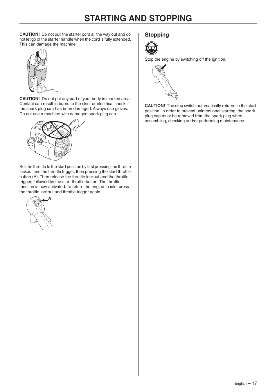 Stopping, Starting and stopping | Husqvarna 223R User Manual | Page 17 / 32