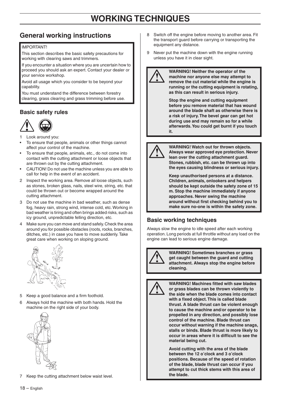 General working instructions, Basic safety rules, Basic working techniques | Working techniques | Husqvarna 223R User Manual | Page 18 / 32