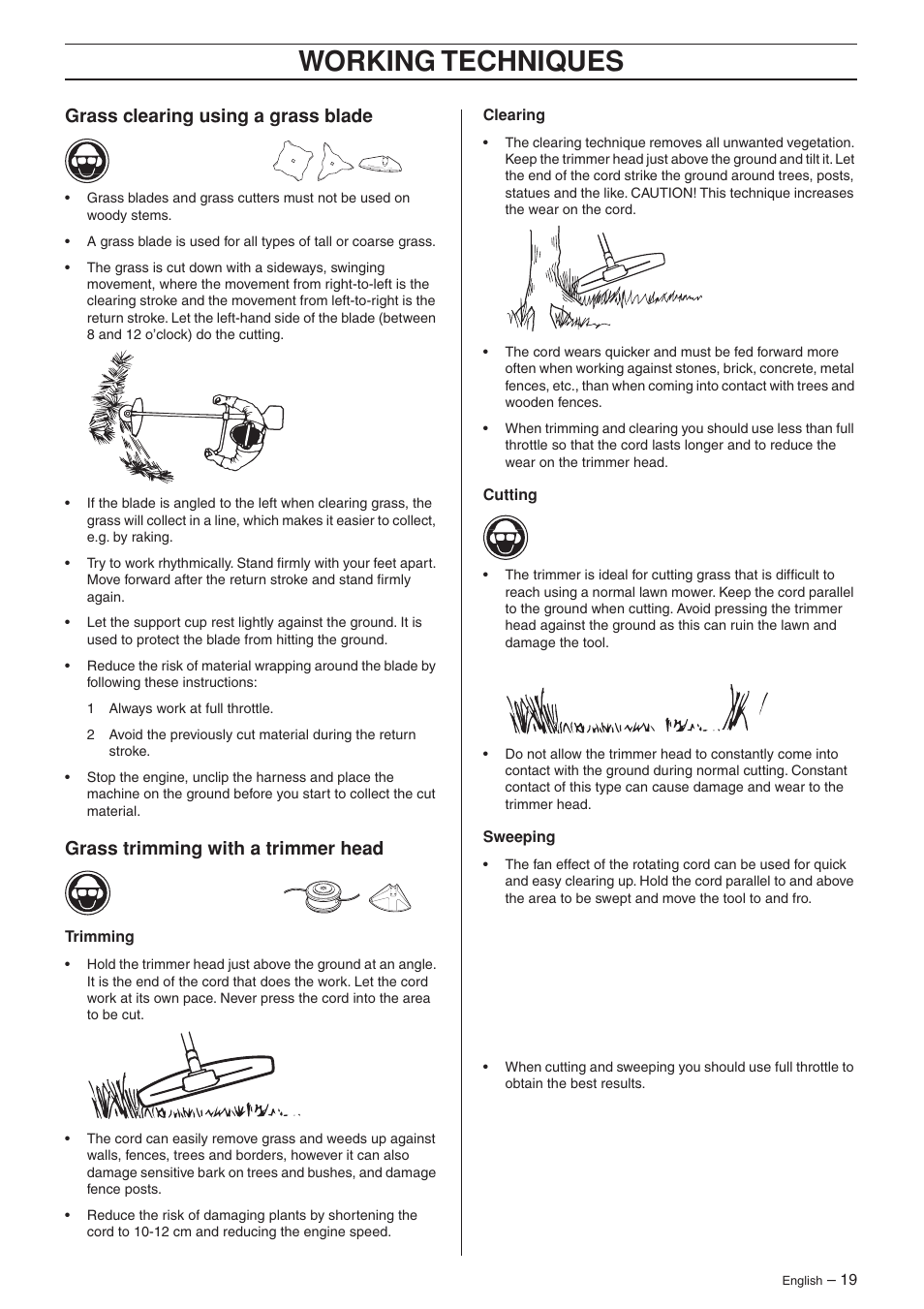 Grass clearing using a grass blade, Grass trimming with a trimmer head, Working techniques | Husqvarna 223R User Manual | Page 19 / 32