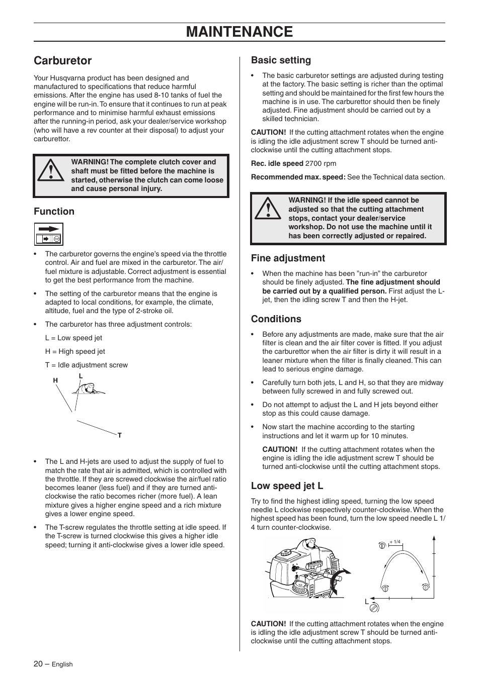 Carburetor, Function, Basic setting | Fine adjustment, Conditions, Low speed jet l, Maintenance | Husqvarna 223R User Manual | Page 20 / 32