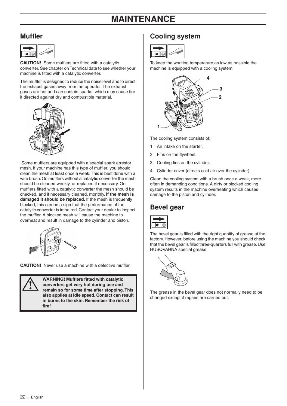 Muffler, Cooling system, Bevel gear | Maintenance | Husqvarna 223R User Manual | Page 22 / 32