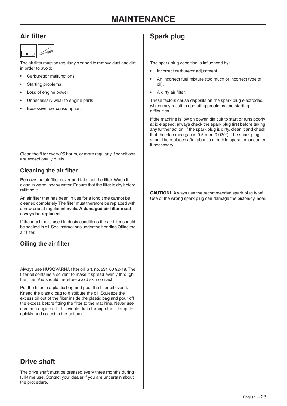 Air filter, Cleaning the air filter, Oiling the air filter | Drive shaft, Spark plug, Maintenance | Husqvarna 223R User Manual | Page 23 / 32