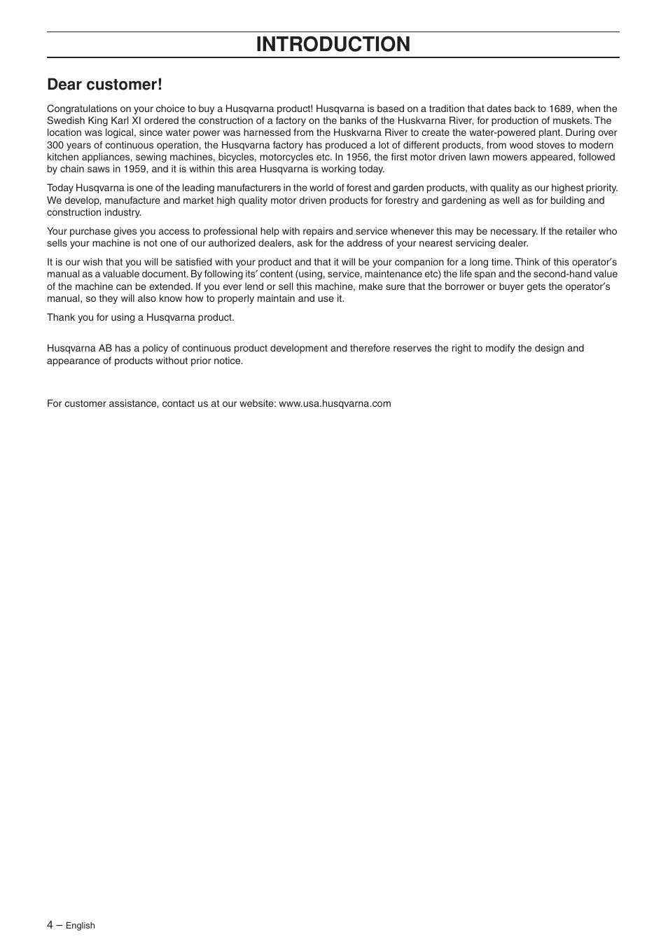 Dear customer, Intr oduction | Husqvarna 223R User Manual | Page 4 / 32