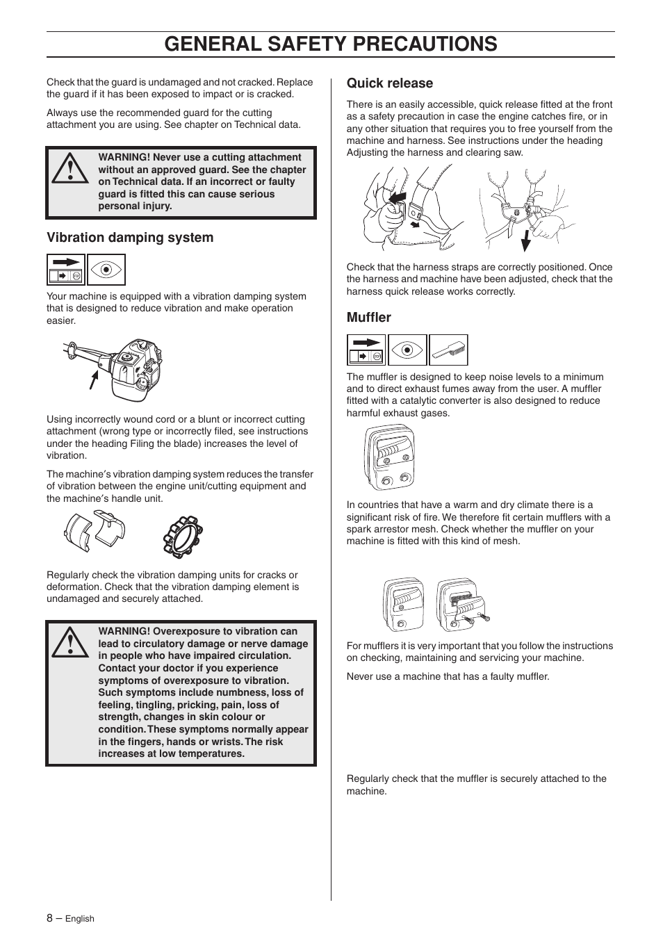Vibration damping system, Quick release, Muffler | General safety preca utions | Husqvarna 223R User Manual | Page 8 / 32