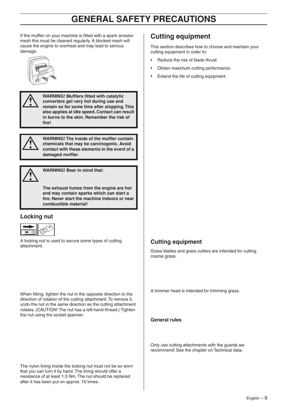 Locking nut, Cutting equipment, General safety precautions | Husqvarna 223R User Manual | Page 9 / 32