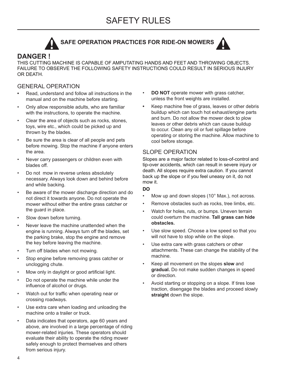 Safety rules, General operation, Slope operation | Danger | Husqvarna 965 610901 User Manual | Page 4 / 24