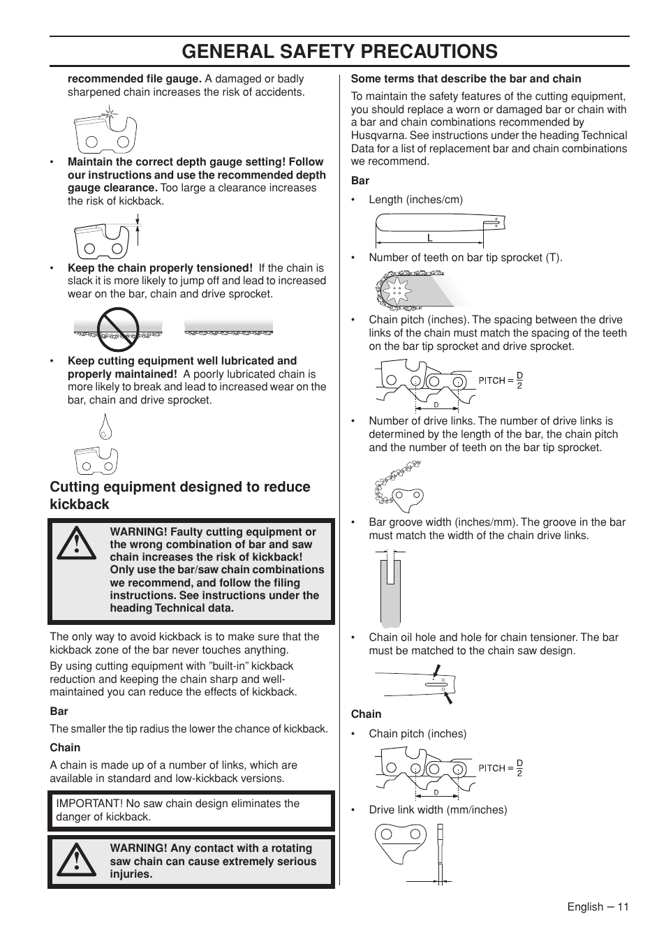 General safety precautions, Cutting equipment designed to reduce kickback | Husqvarna 570 576 XP User Manual | Page 11 / 44