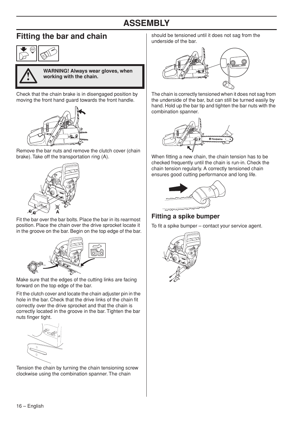 Assembly, Fitting the bar and chain | Husqvarna 570 576 XP User Manual | Page 16 / 44