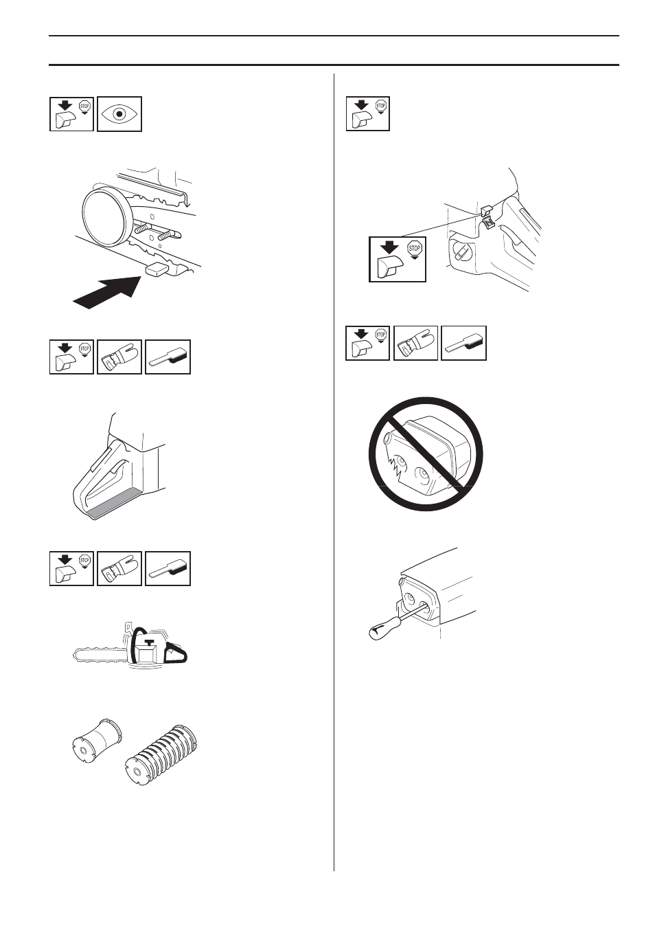 Captor de cadena, Protección de la mano derecha, Sistema amortiguador de vibraciones | Botón de parada, Silenciador, Mantenimiento | Husqvarna 455e Rancher User Manual | Page 123 / 140