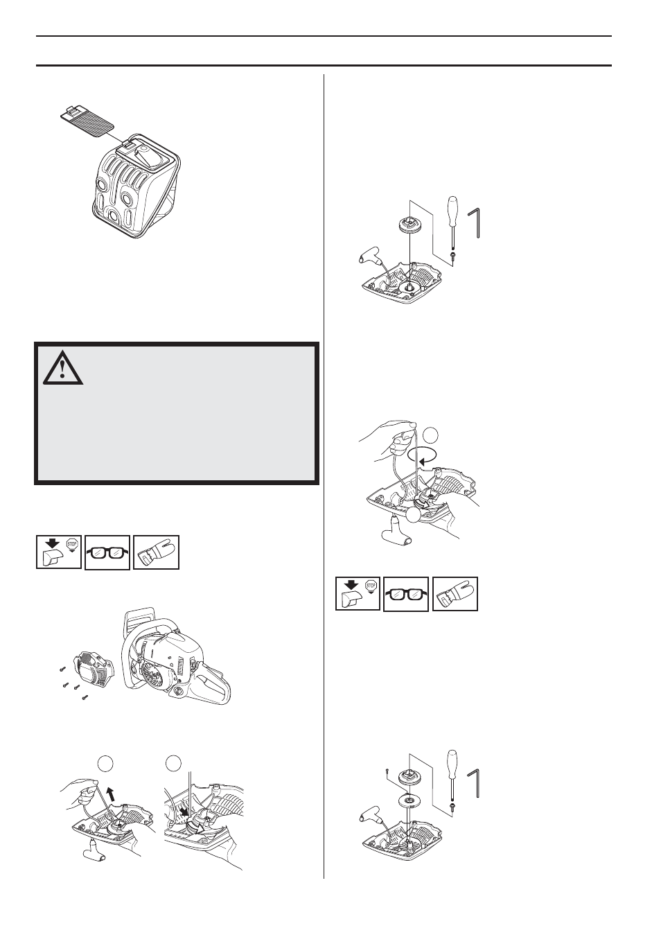 Mecanismo de arranque, Cambio de un cordón de arranque roto o desgastado, Tensado del muelle de retorno | Cambio de un muelle de retorno roto, Mantenimiento | Husqvarna 455e Rancher User Manual | Page 124 / 140