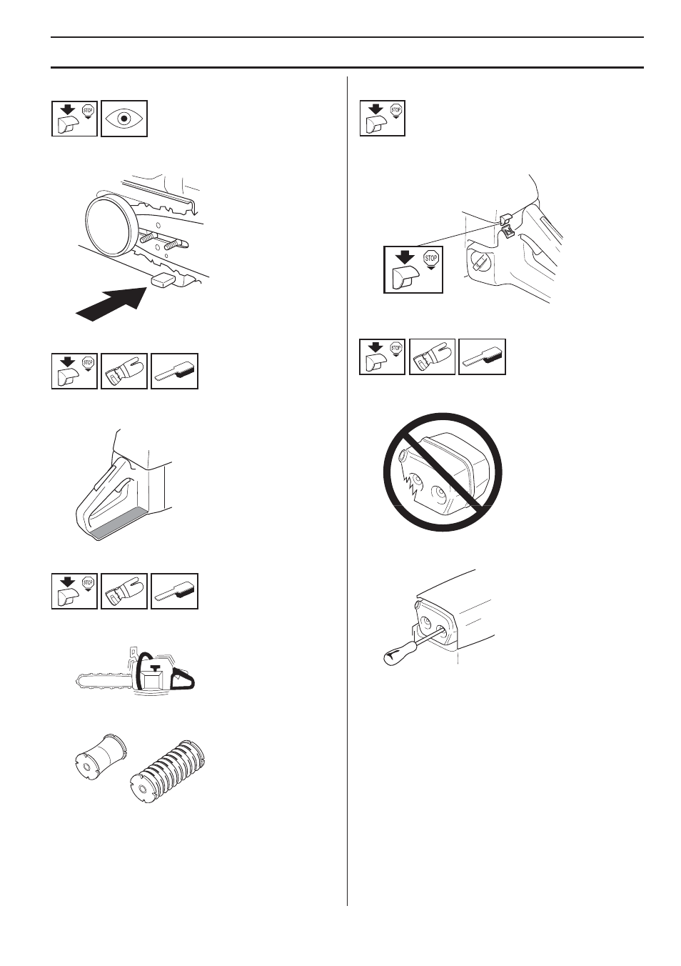 Capteur de chaîne, Protection de la main droite, Système anti-vibrations | Bouton d’arrêt, Silencieux, Entretien | Husqvarna 455e Rancher User Manual | Page 79 / 140