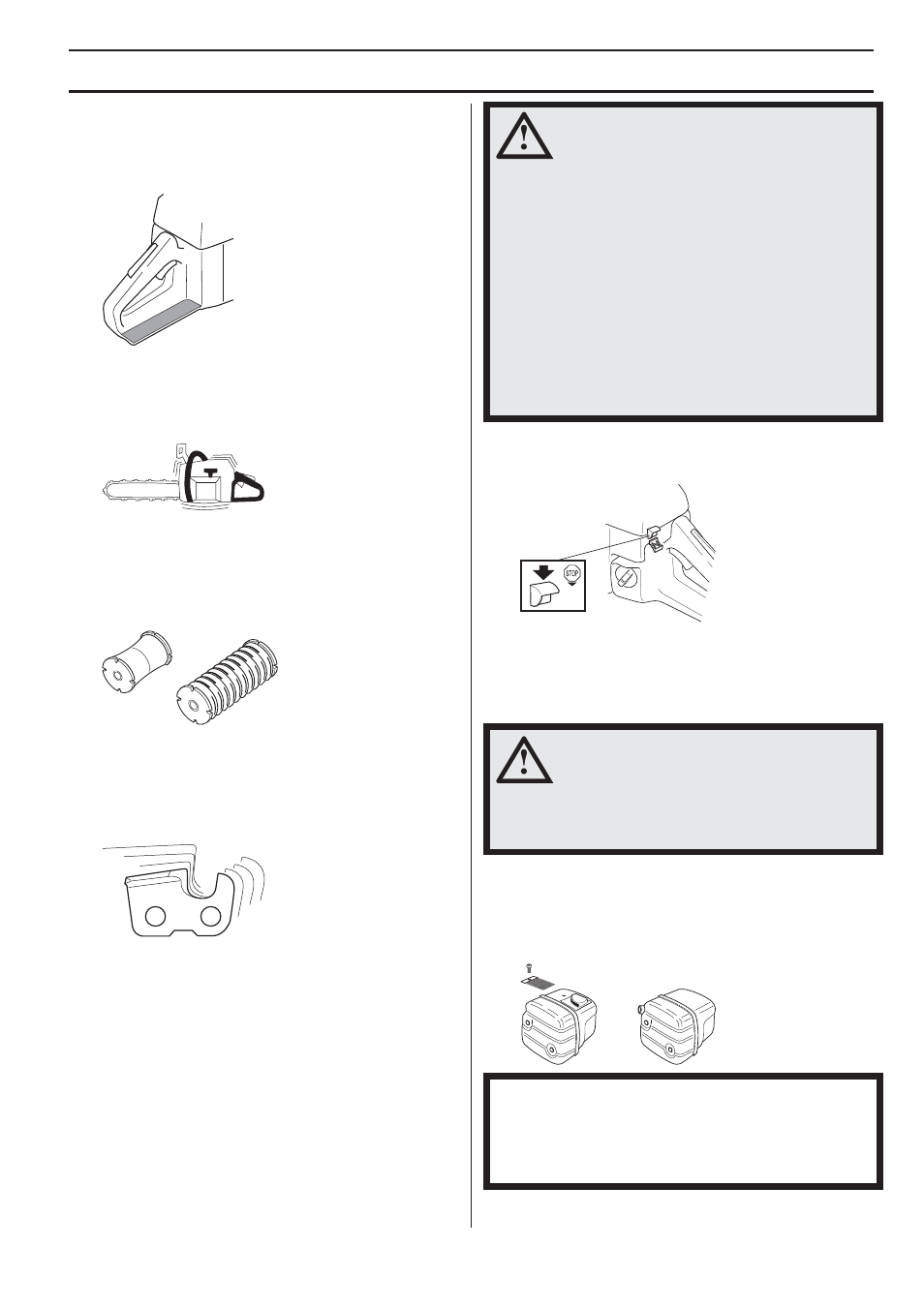 Protección de la mano derecha, Sistema amortiguador de vibraciones, Botón de parada | Silenciador, Instrucciones generales de seguridad | Husqvarna 455e Rancher User Manual | Page 99 / 140