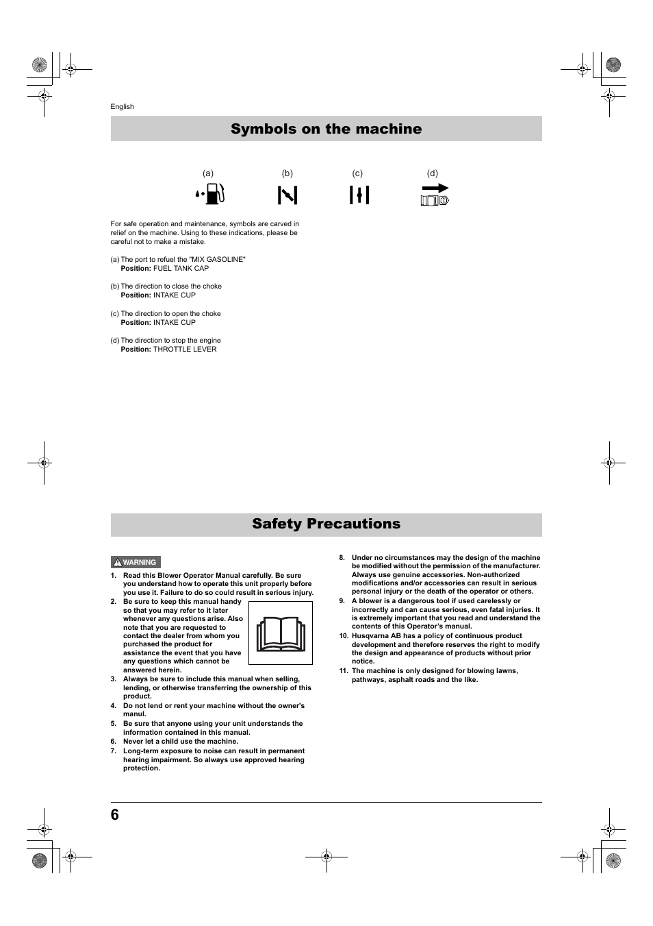 Safety precautions symbols on the machine | Husqvarna 370BTS User Manual | Page 6 / 22