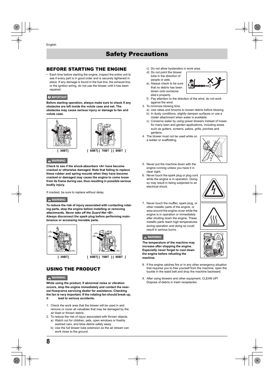 Safety precautions, Before starting the engine, Using the product | Husqvarna 370BTS User Manual | Page 8 / 22