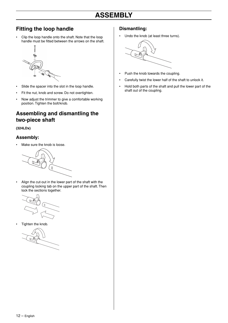 Fitting the loop handle, Assembling and dismantling the two-piece shaft, Assembly | Dismantling | Husqvarna 324L User Manual | Page 12 / 28