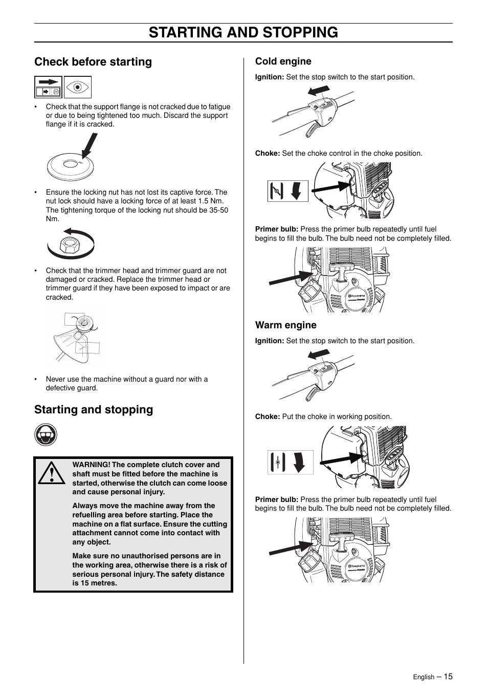 Check before starting, Starting and stopping, Cold engine | Warm engine | Husqvarna 324L User Manual | Page 15 / 28