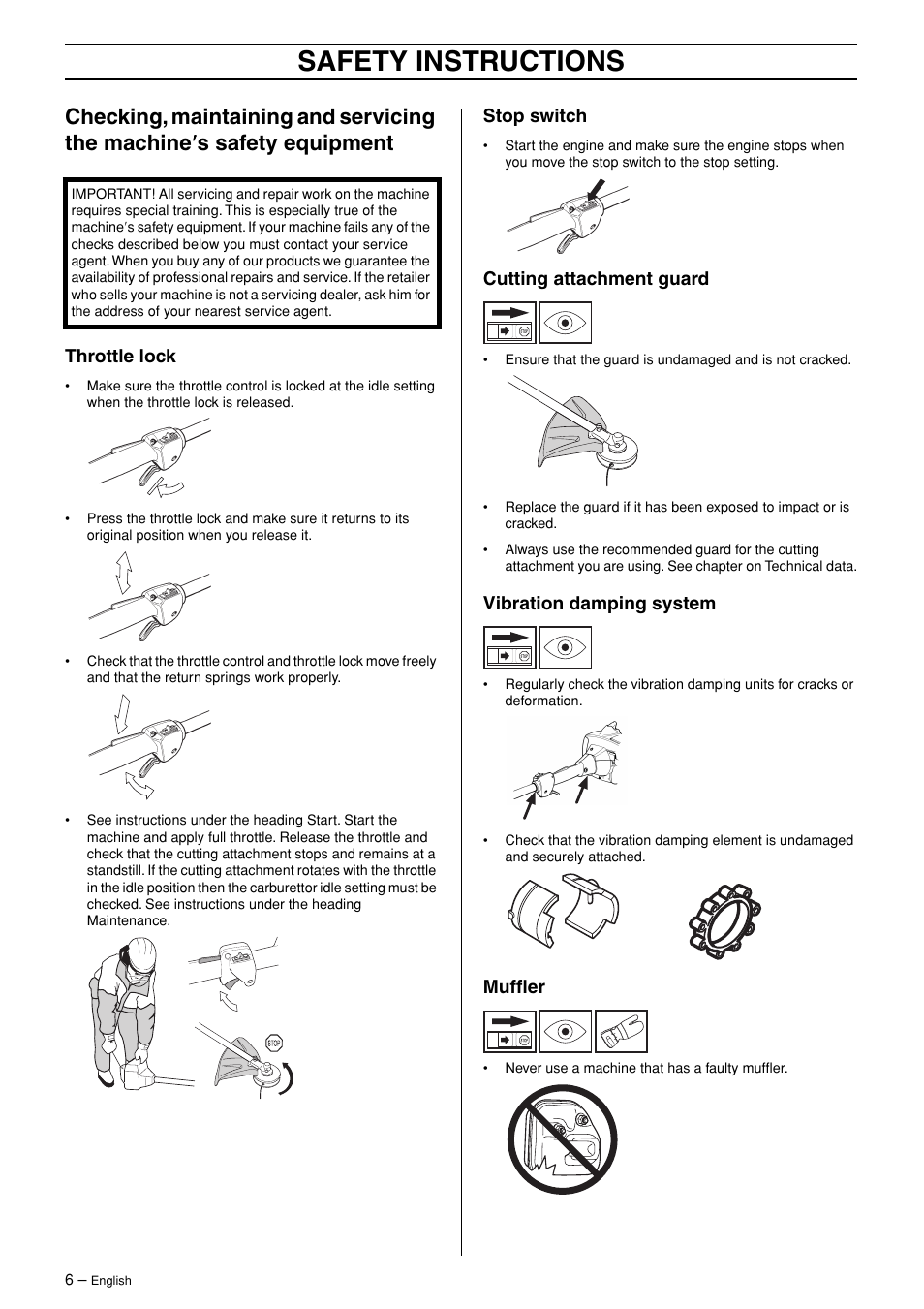Throttle lock, Stop switch, Cutting attachment guard | Vibration damping system, Muffler, Safety instructions | Husqvarna 324L User Manual | Page 6 / 28