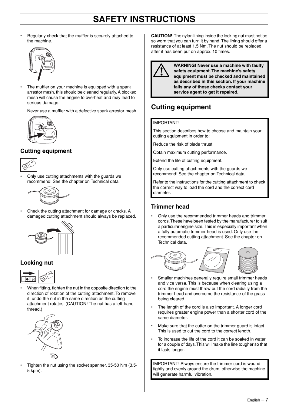 Cutting equipment, Locking nut, Trimmer head | Safety instructions | Husqvarna 324L User Manual | Page 7 / 28