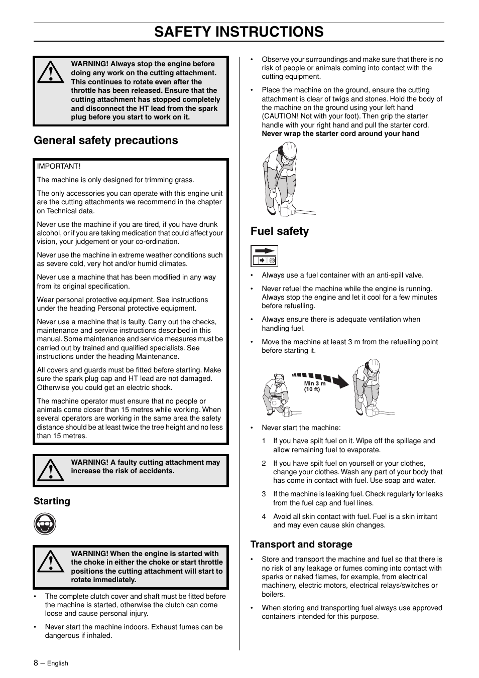 General safety precautions, Starting, Fuel safety | Transport and storage, Safety instructions | Husqvarna 324L User Manual | Page 8 / 28