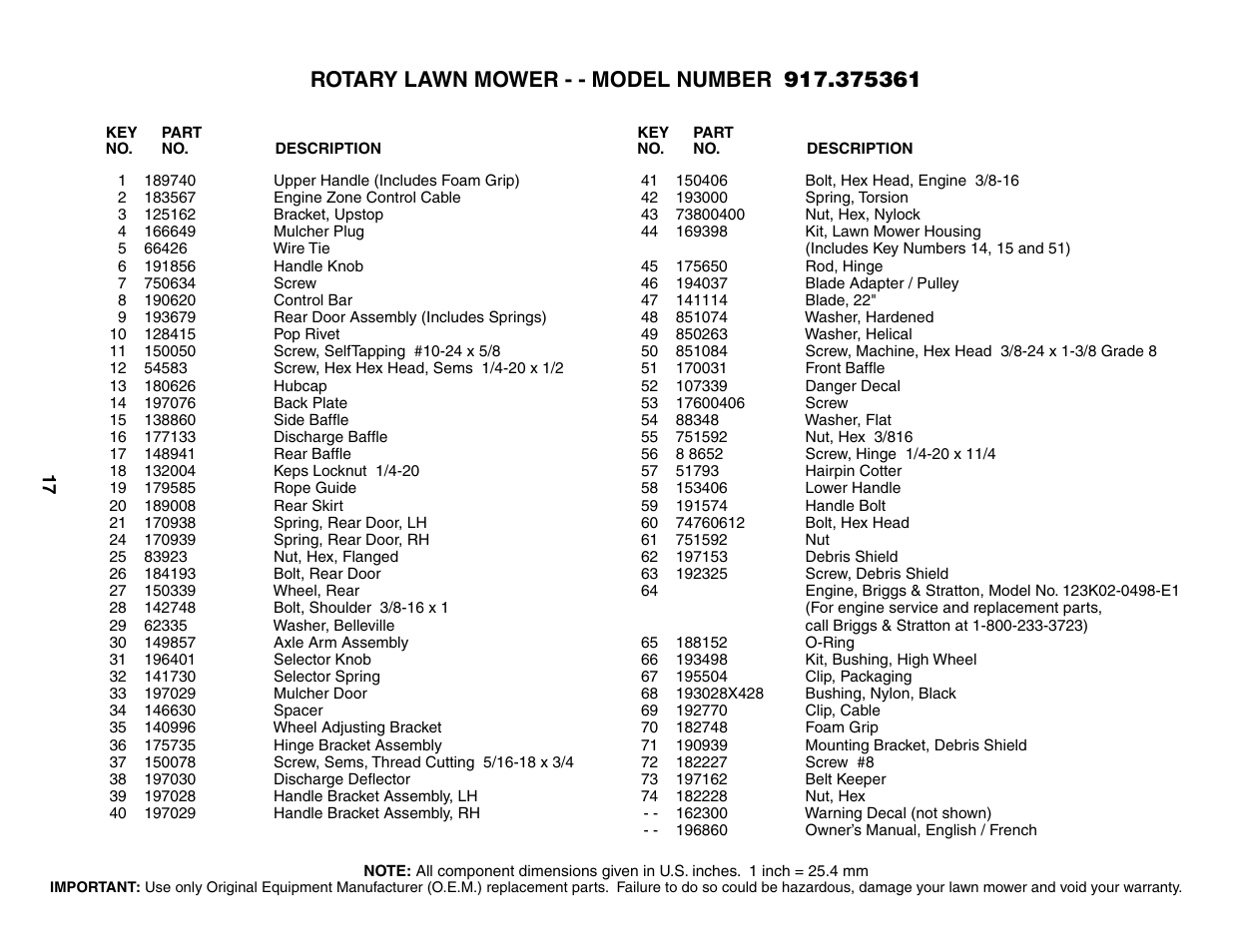 Parts list | Husqvarna 917.375361 User Manual | Page 17 / 20