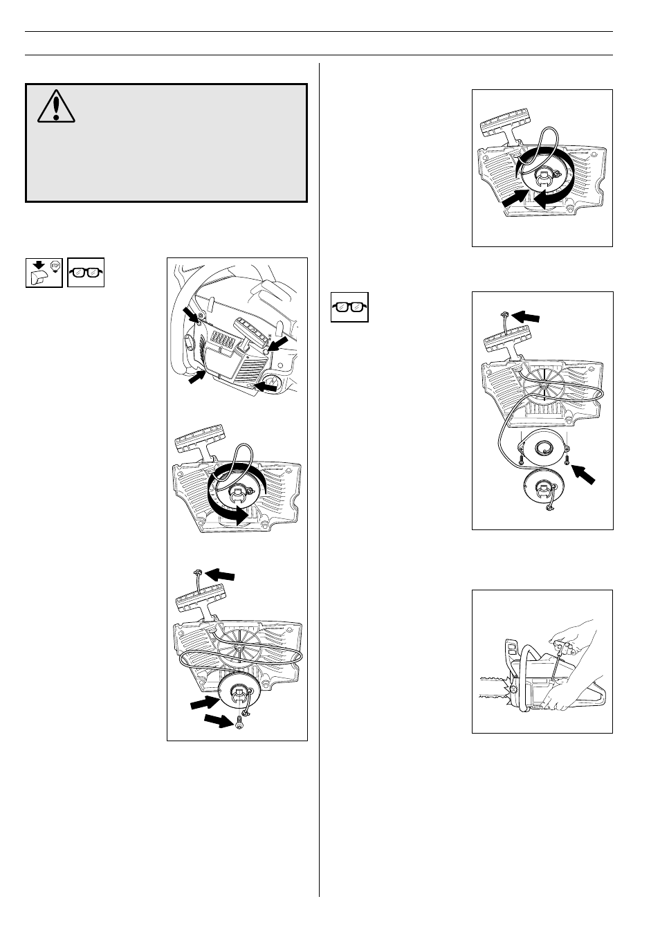 Maintenance, Starter device, Changing a broken or worn starter cord | Tensioning the recoil spring, Starter device assembly, Changing the broken recoil spring | Husqvarna 355 User Manual | Page 30 / 36