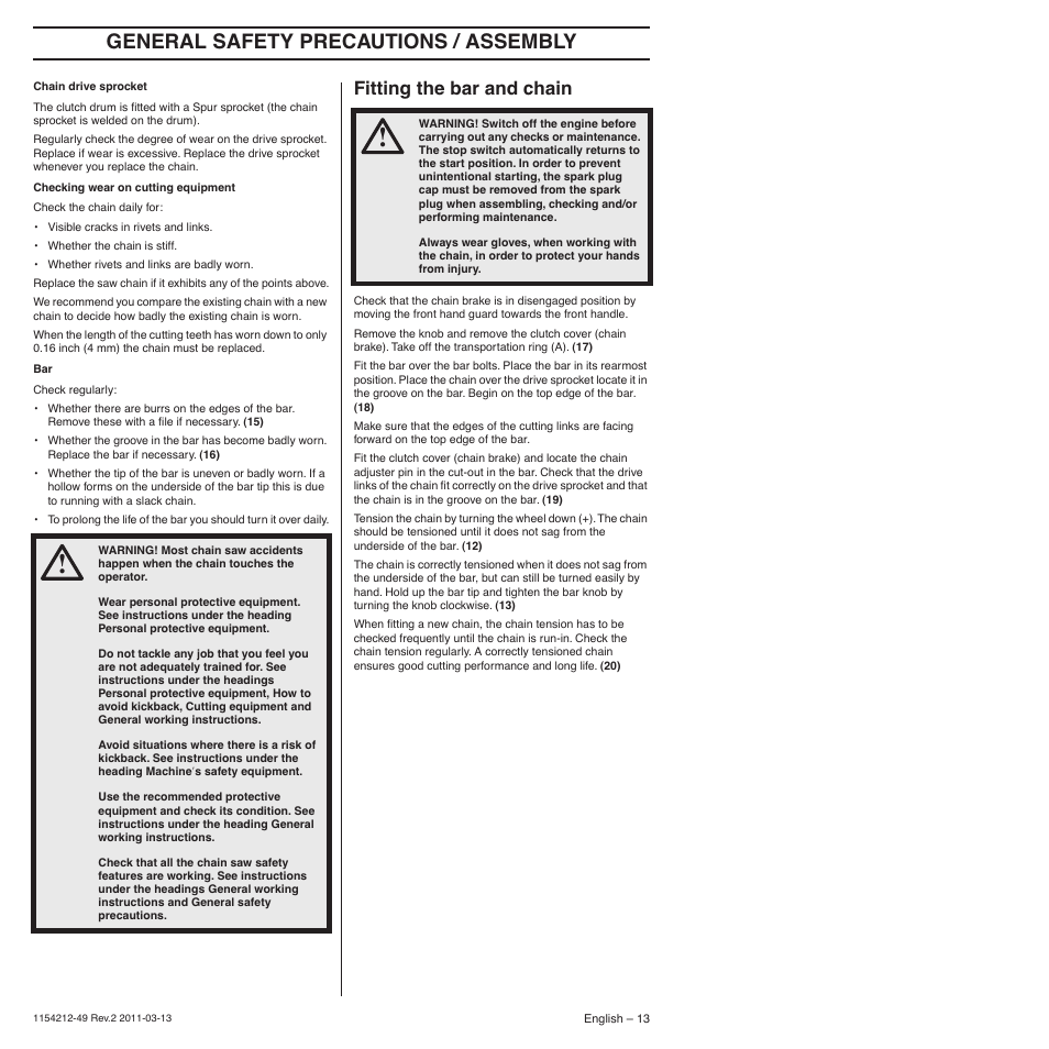 Fitting the bar and chain, General safety precautions / assembly | Husqvarna TRIOBRAKE 235E User Manual | Page 13 / 68