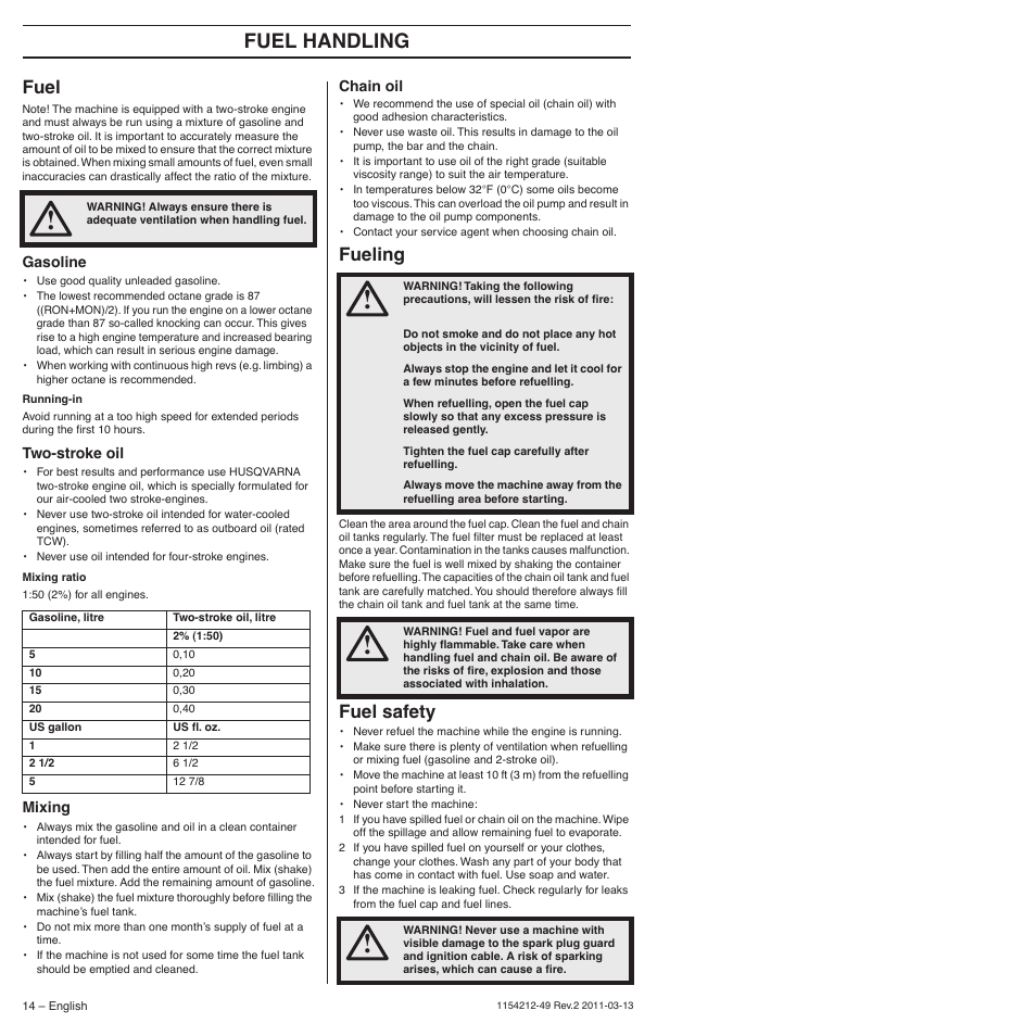 Fuel, Gasoline, Two-stroke oil | Mixing, Chain oil, Fueling, Fuel safety, Fuel handling | Husqvarna TRIOBRAKE 235E User Manual | Page 14 / 68
