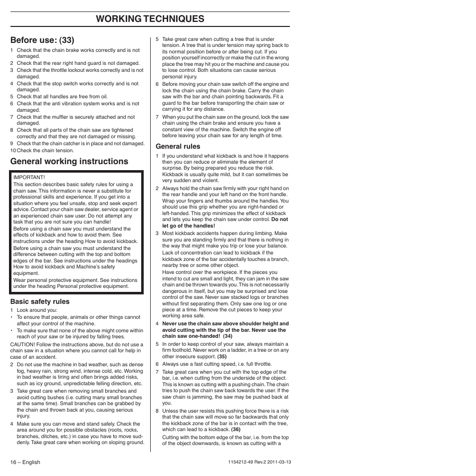 Before use: (33), General working instructions, Basic safety rules | General rules, Working techniques | Husqvarna TRIOBRAKE 235E User Manual | Page 16 / 68