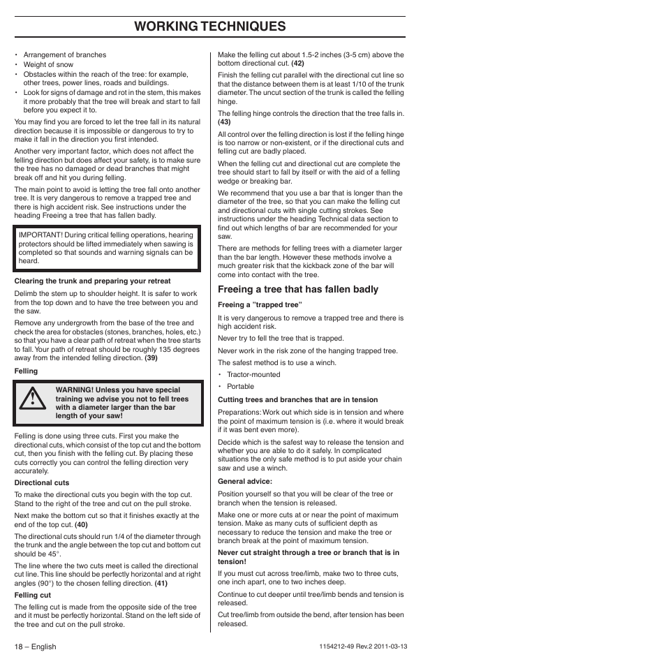 Freeing a tree that has fallen badly, Working techniques | Husqvarna TRIOBRAKE 235E User Manual | Page 18 / 68
