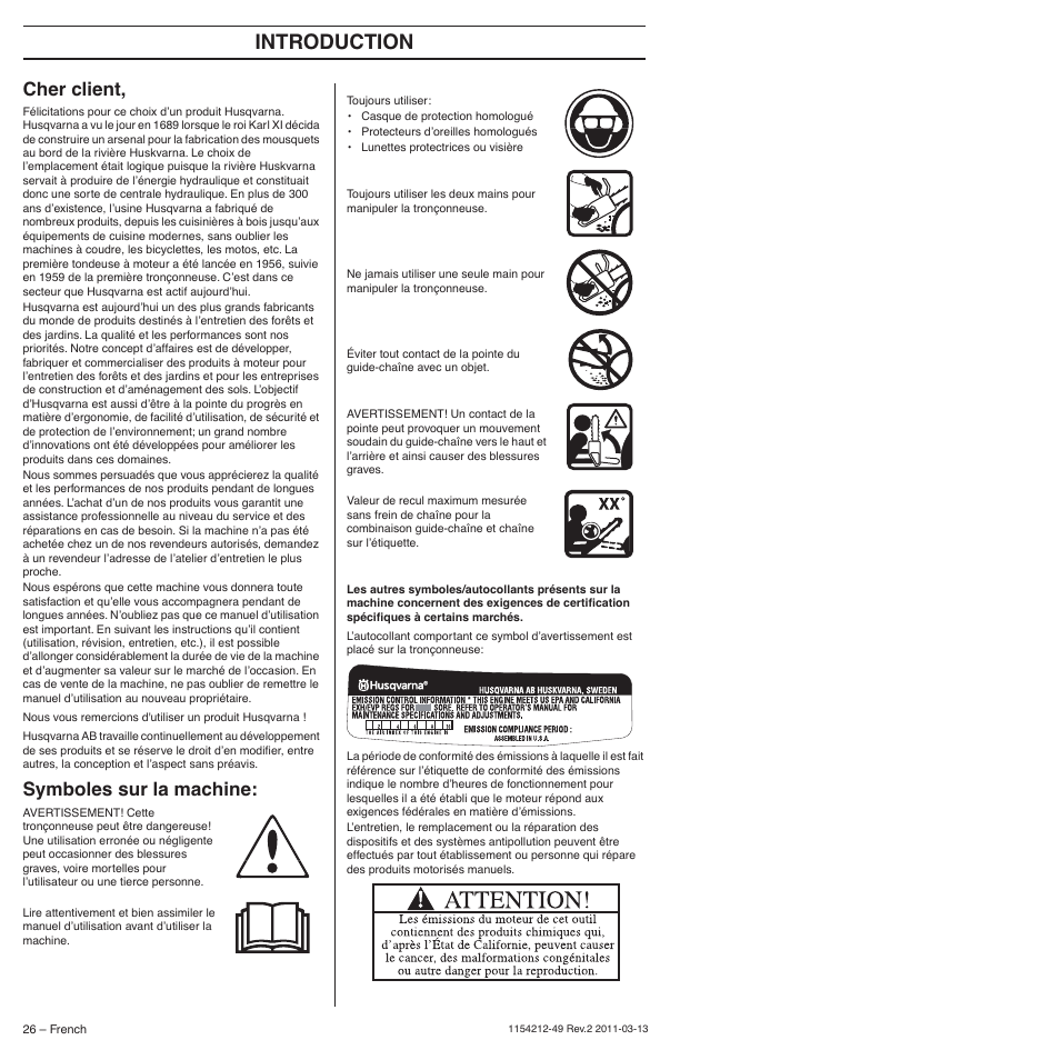 Cher client, Symboles sur la machine, Introduction | Husqvarna TRIOBRAKE 235E User Manual | Page 26 / 68