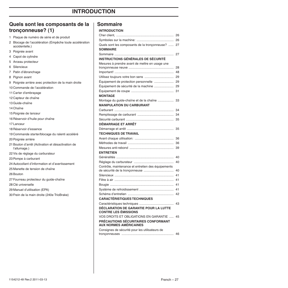 Quels sont les composants de la tronçonneuse? (1), Sommaire, Introduction | Husqvarna TRIOBRAKE 235E User Manual | Page 27 / 68