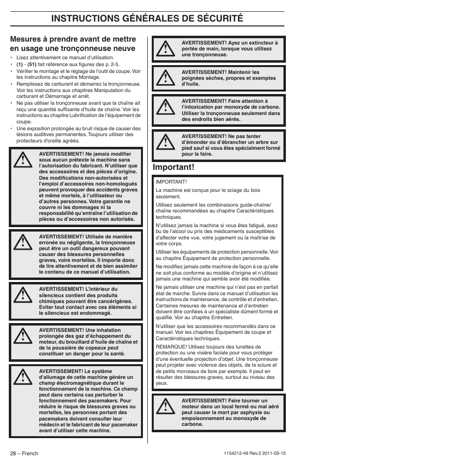 Instructions générales de sécurité | Husqvarna TRIOBRAKE 235E User Manual | Page 28 / 68