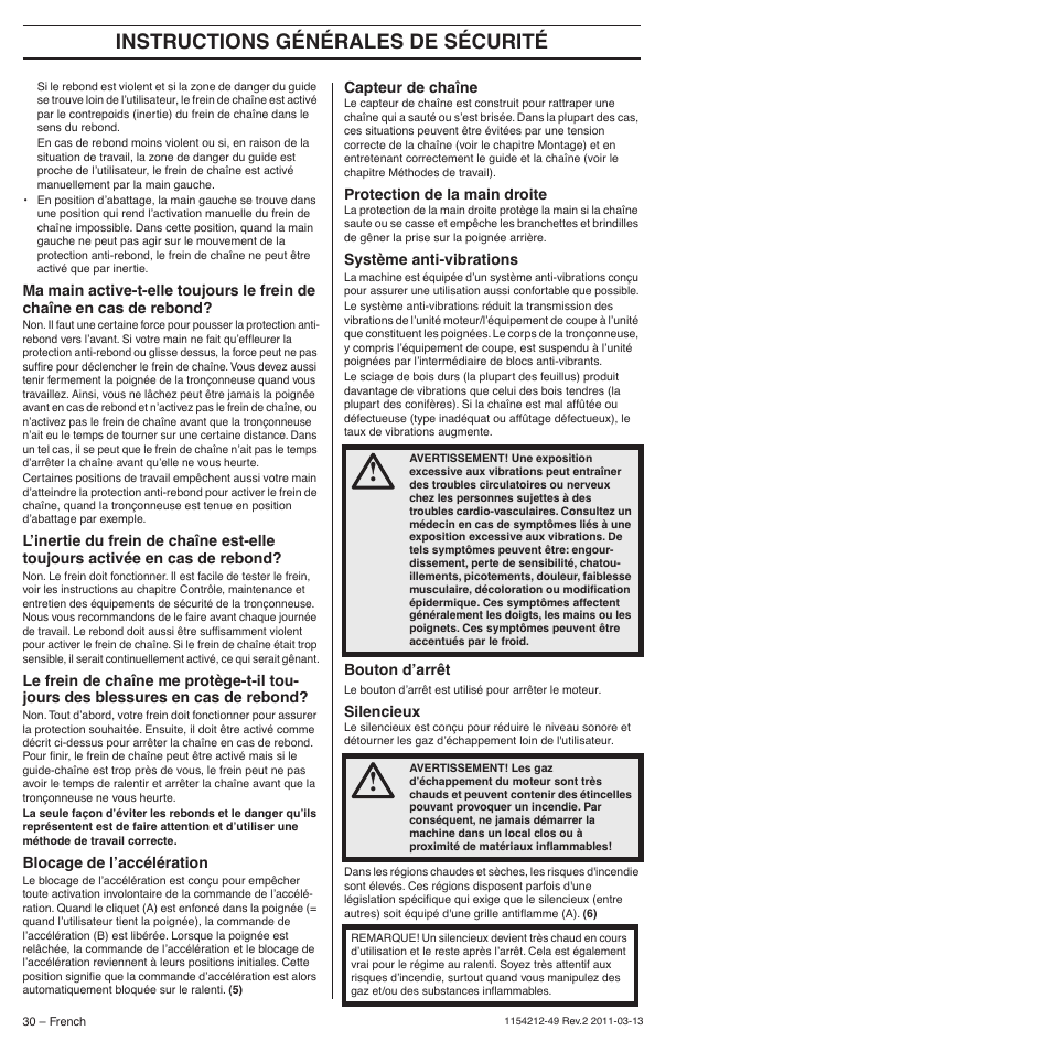 Blocage de l’accélération, Capteur de chaîne, Protection de la main droite | Système anti-vibrations, Bouton d’arrêt, Silencieux, Instructions générales de sécurité | Husqvarna TRIOBRAKE 235E User Manual | Page 30 / 68