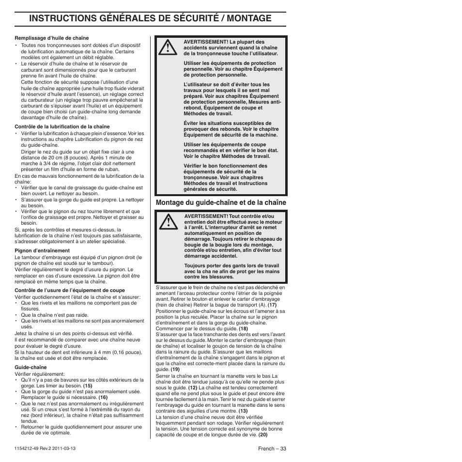 Montage du guide-chaîne et de la chaîne, Instructions générales de sécurité / montage | Husqvarna TRIOBRAKE 235E User Manual | Page 33 / 68