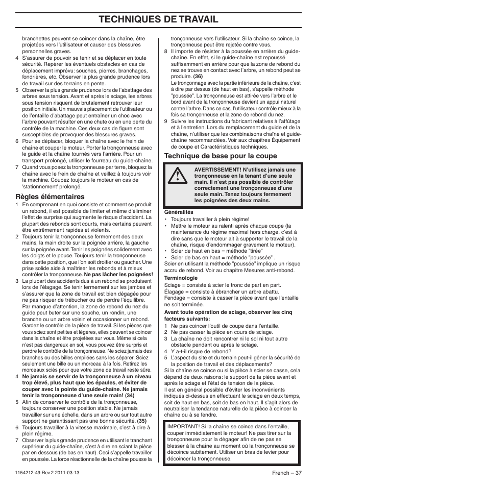 Règles élémentaires, Technique de base pour la coupe, Techniques de travail | Husqvarna TRIOBRAKE 235E User Manual | Page 37 / 68