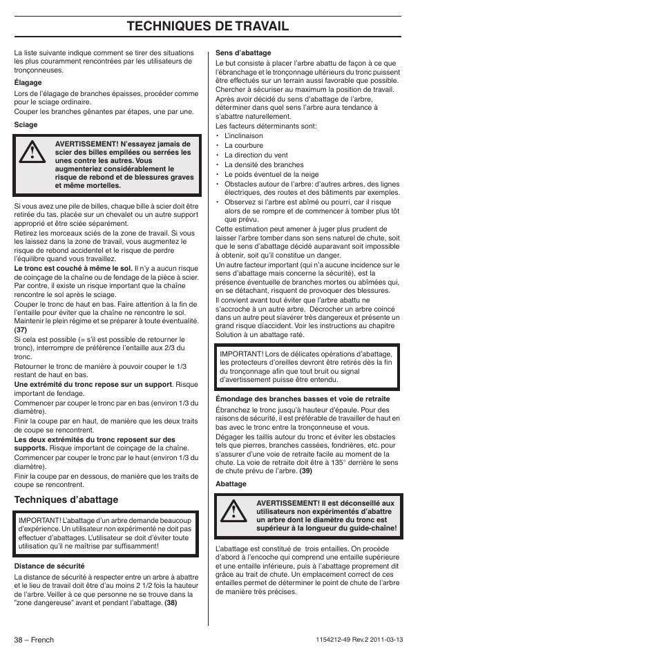 Techniques d’abattage, Techniques de travail | Husqvarna TRIOBRAKE 235E User Manual | Page 38 / 68