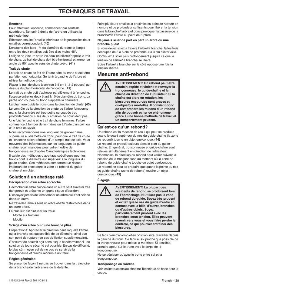 Solution à un abattage raté, Mesures anti-rebond, Qu’est-ce qu’un rebond | Techniques de travail | Husqvarna TRIOBRAKE 235E User Manual | Page 39 / 68