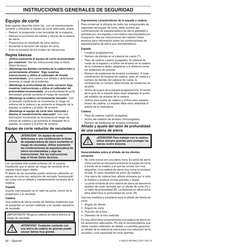 Equipo de corte, Reglas básicas, Equipo de corte reductor de reculadas | Instrucciones generales de seguridad | Husqvarna TRIOBRAKE 235E User Manual | Page 52 / 68