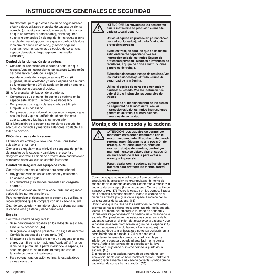 Montaje de la espada y la cadena, Instrucciones generales de seguridad | Husqvarna TRIOBRAKE 235E User Manual | Page 54 / 68
